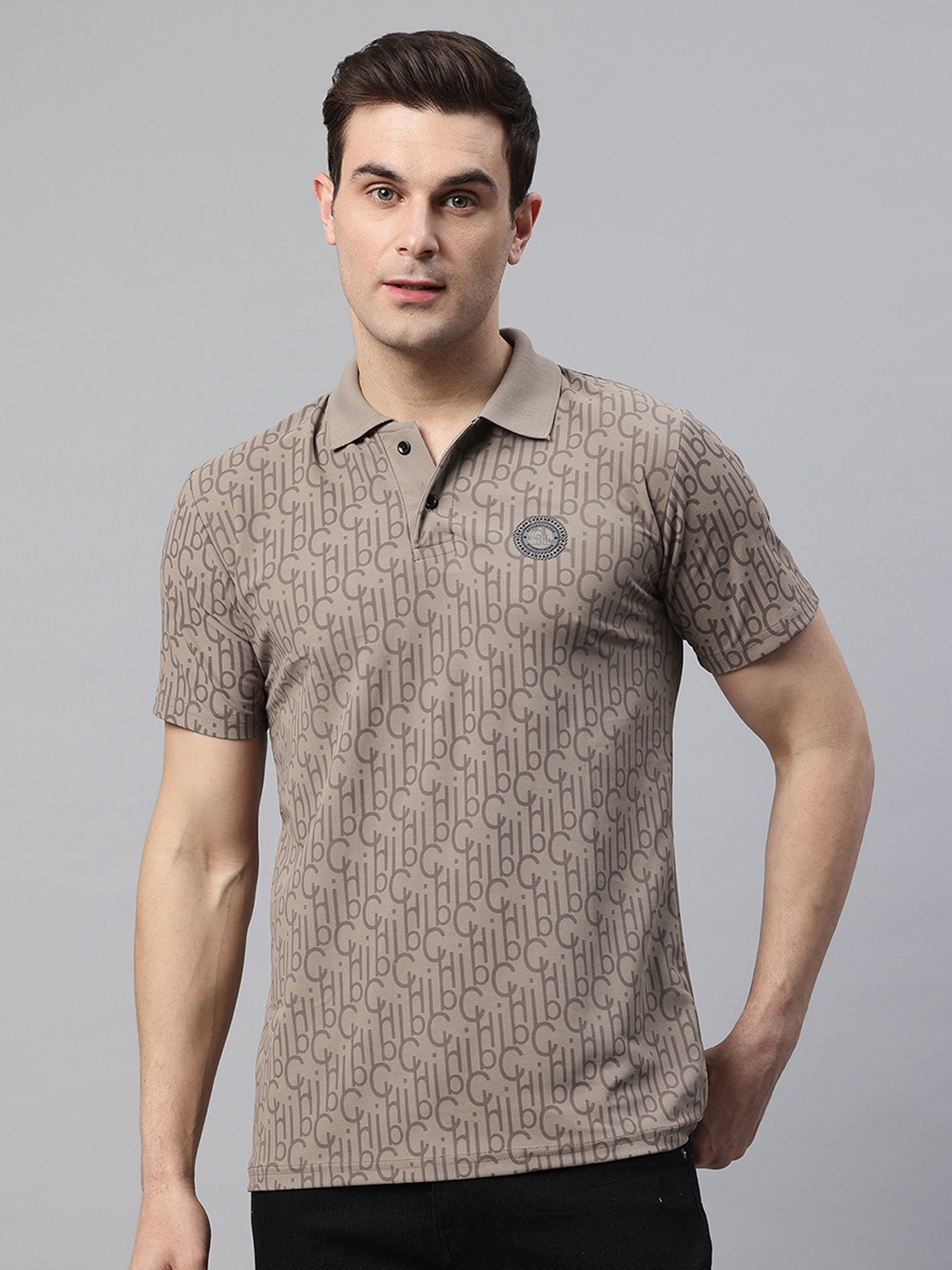 

POSHAX Typography Print Polo Collar T-shirt, Grey