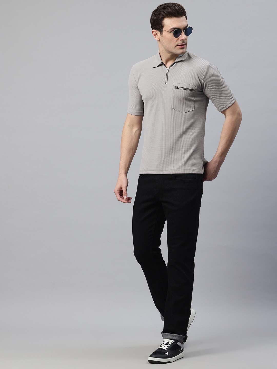 

POSHAX Self-Design Polo Collar T-shirt with Zip Detail, Grey