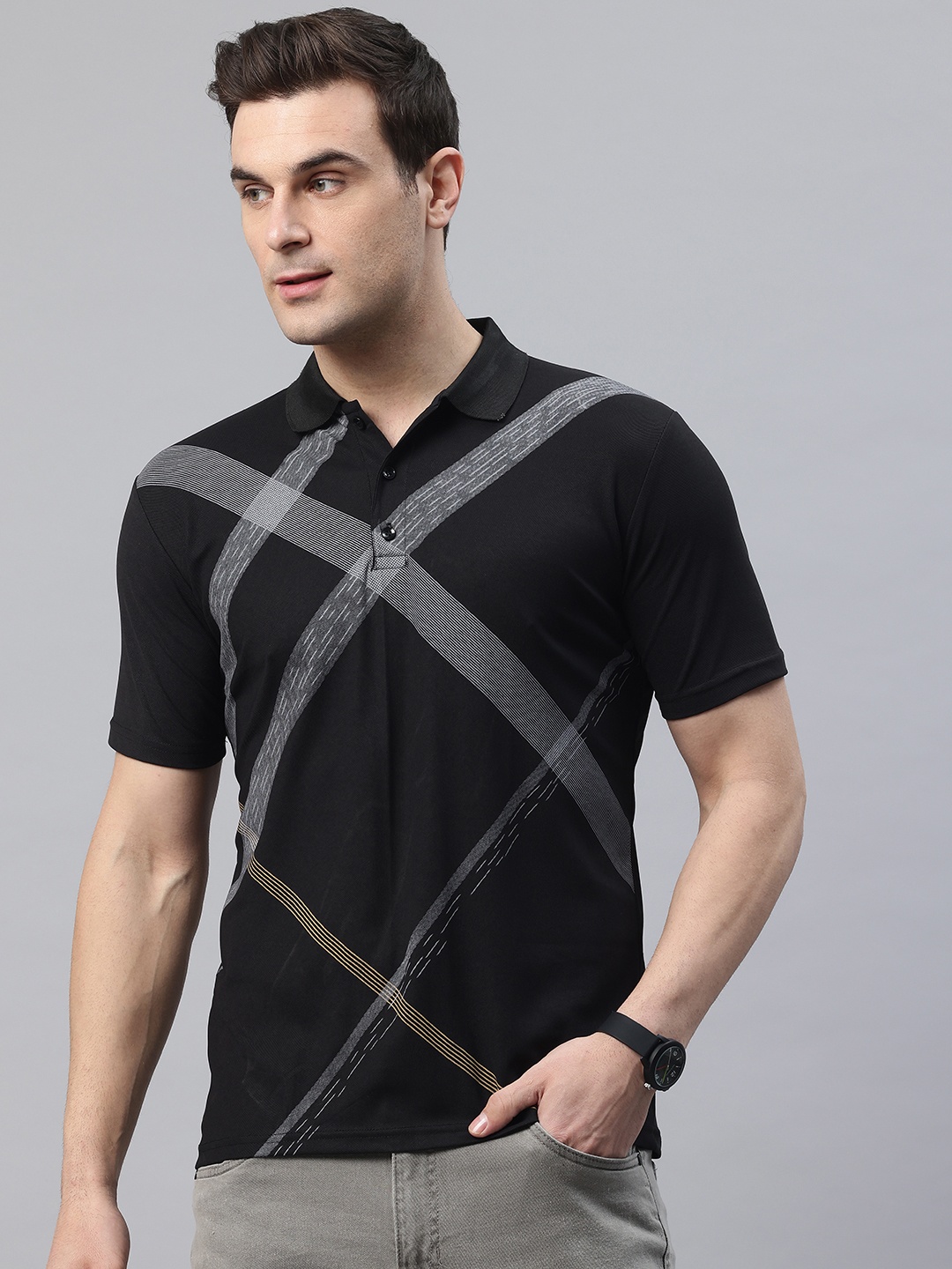

POSHAX Printed Polo Collar T-shirt, Black