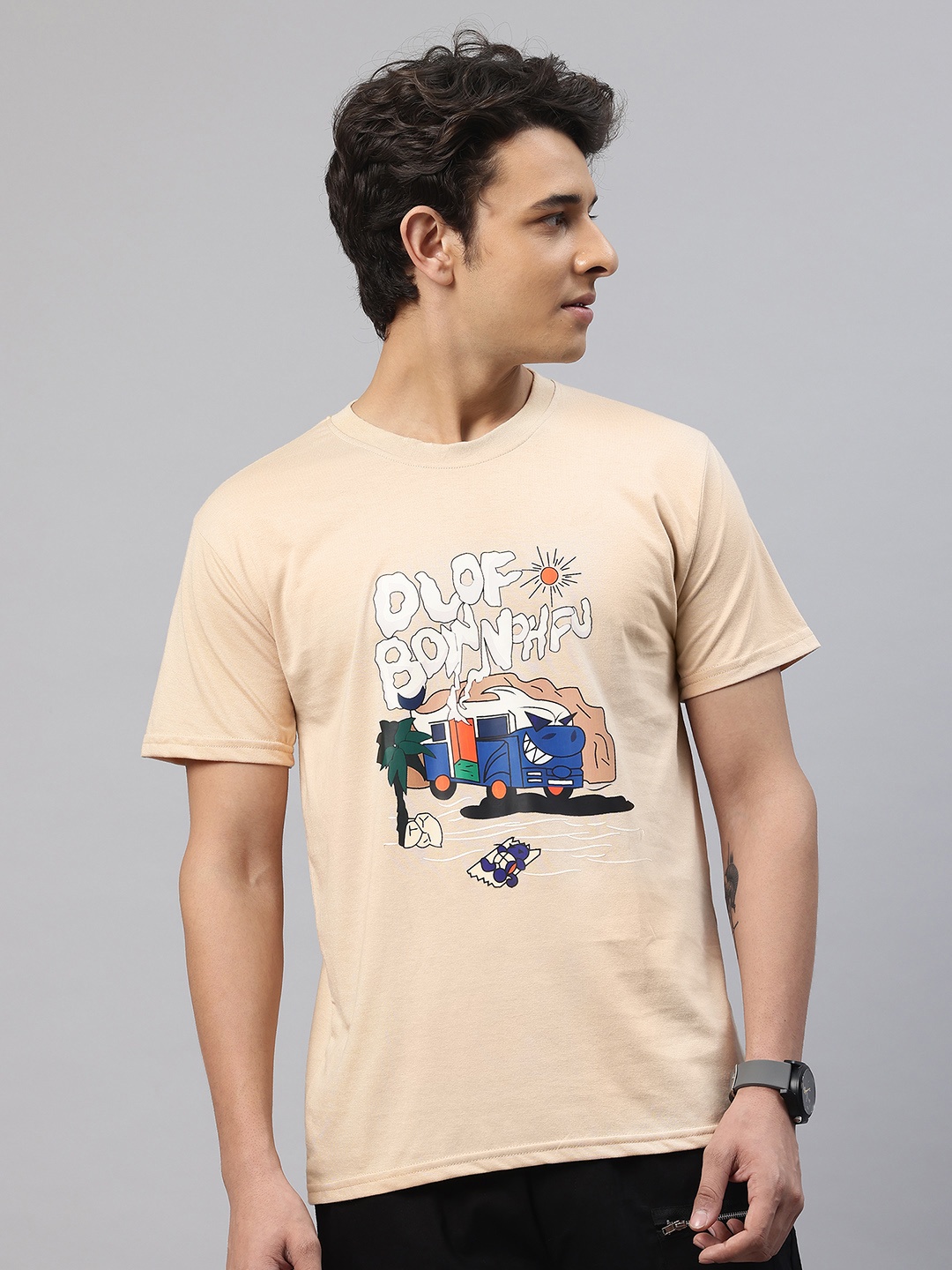 

POSHAX Graphic Printed T-shirt, Beige