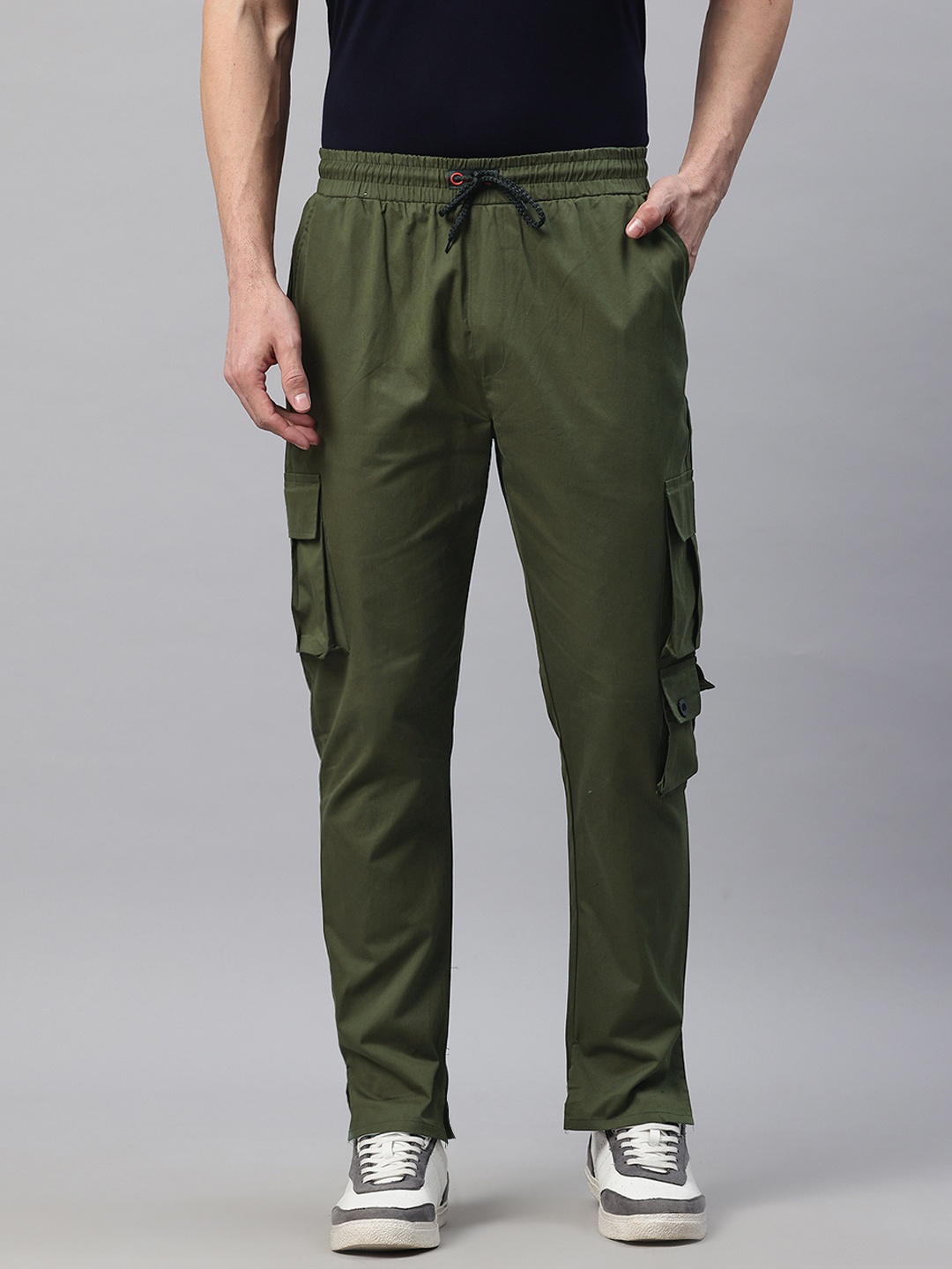

POSHAX Men High-Rise Cotton Cargo Trousers, Olive