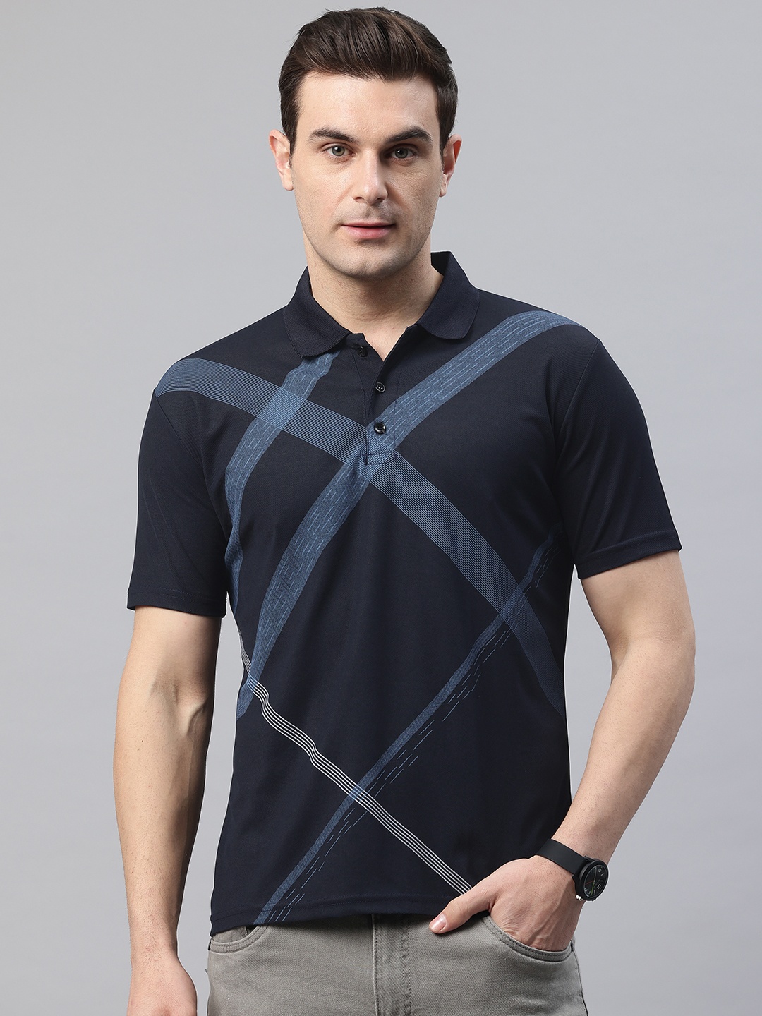 

POSHAX Printed Polo Collar T-shirt, Navy blue