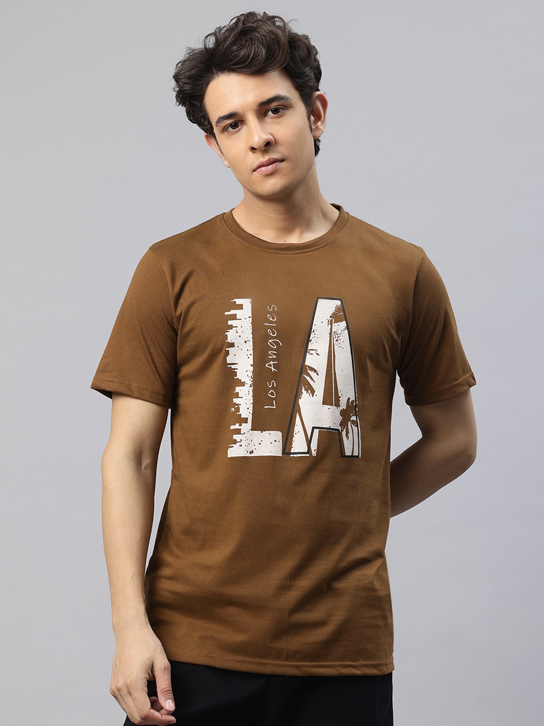 

POSHAX Men Typography Printed Pure Cotton T-shirt, Brown