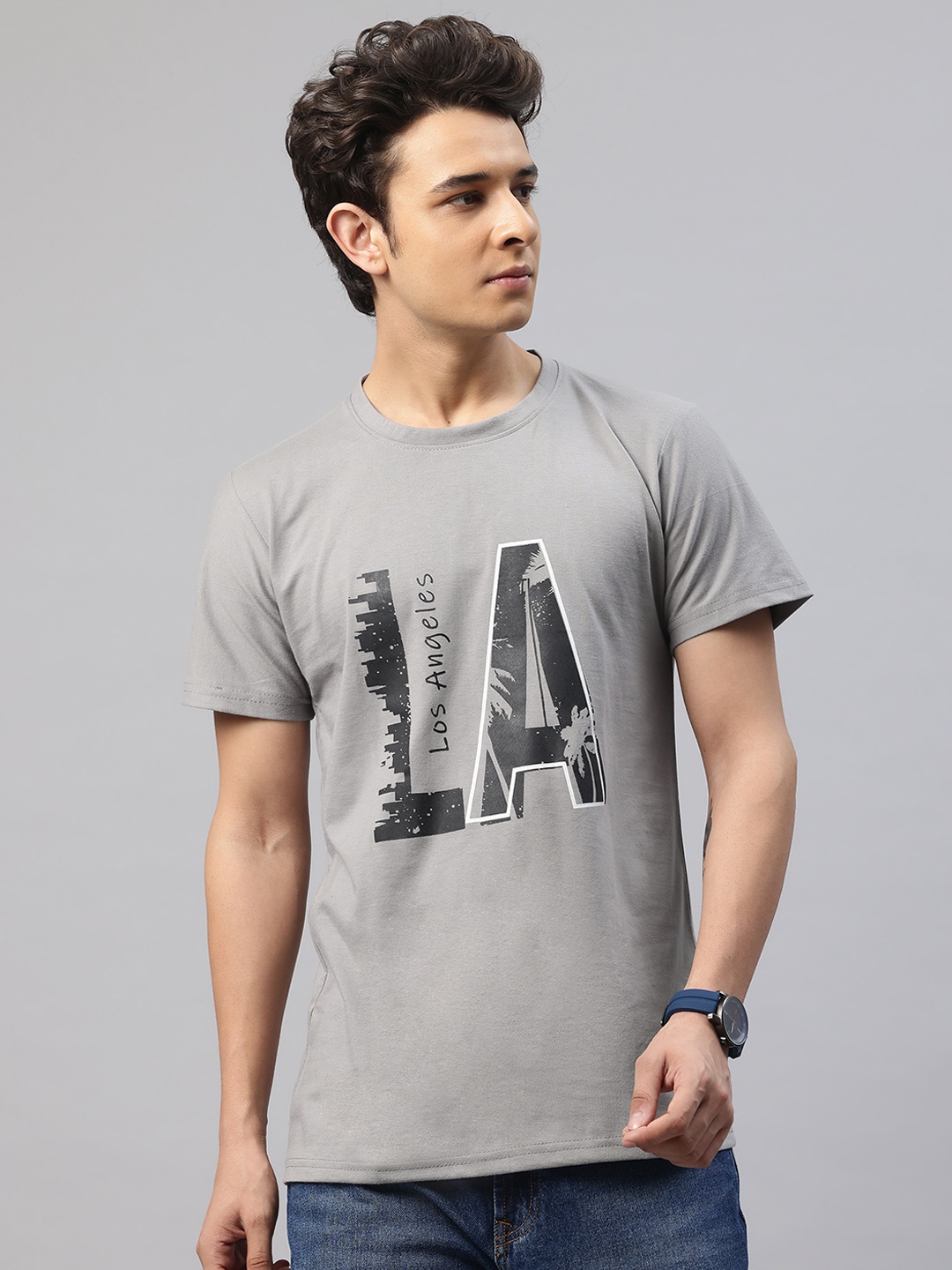 

POSHAX Men Typography Printed Pure Cotton T-shirt, Grey