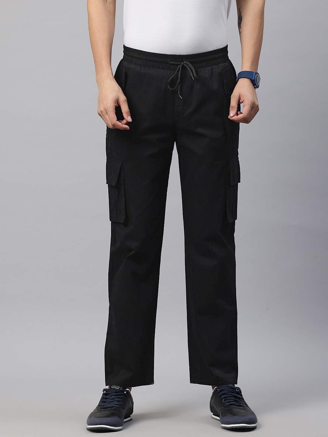 

POSHAX Men High-Rise Cotton Cargo Trousers, Black