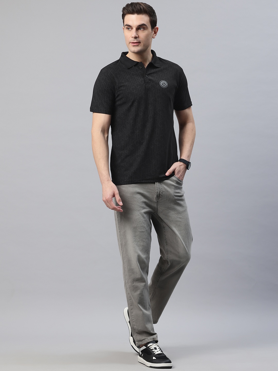 

POSHAX Men Typography Printed Pure Cotton Polo Collar T-shirt, Black