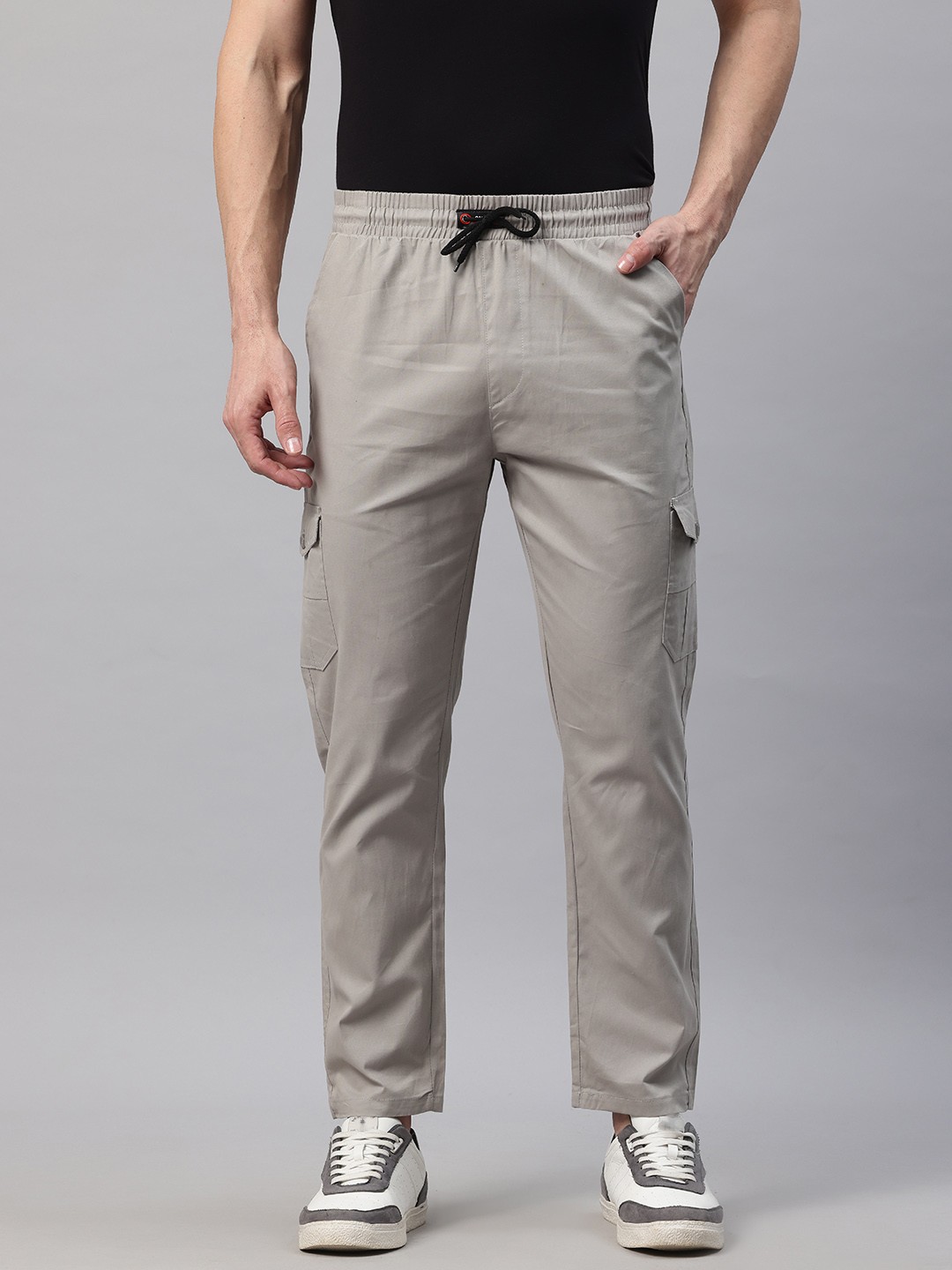 

POSHAX Men High-Rise Cotton Cargo Trousers, Grey