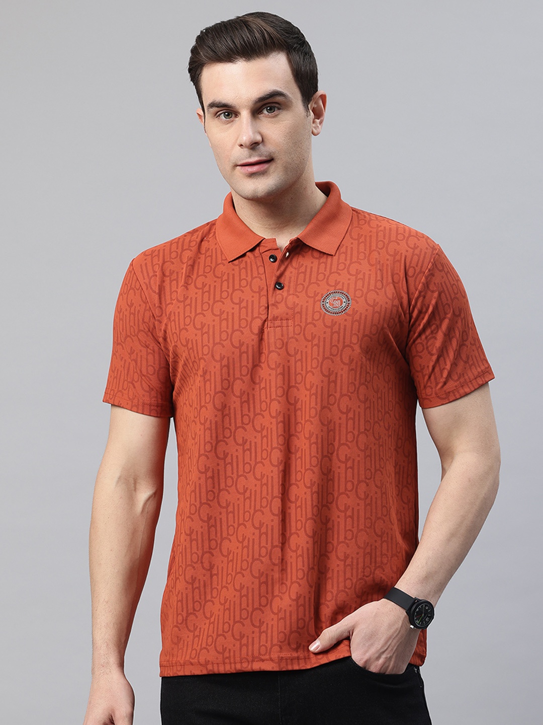 

POSHAX Men Typography Printed Pure Cotton Polo Collar T-shirt, Rust