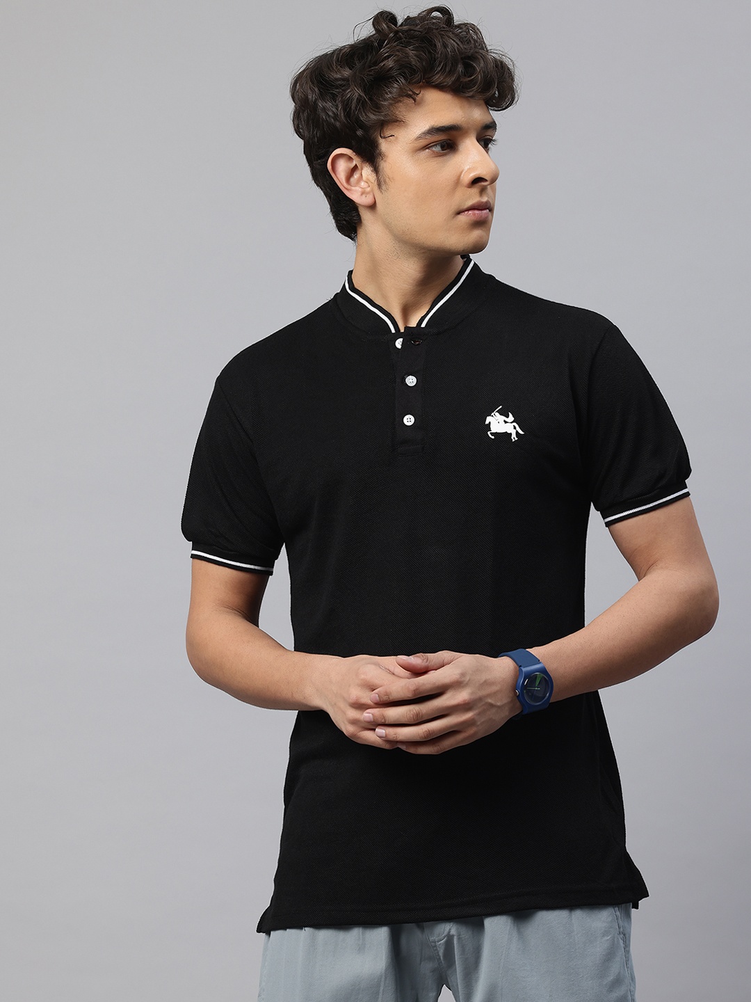 

POSHAX Brand Logo Print Polo Collar Longline T-shirt, Black