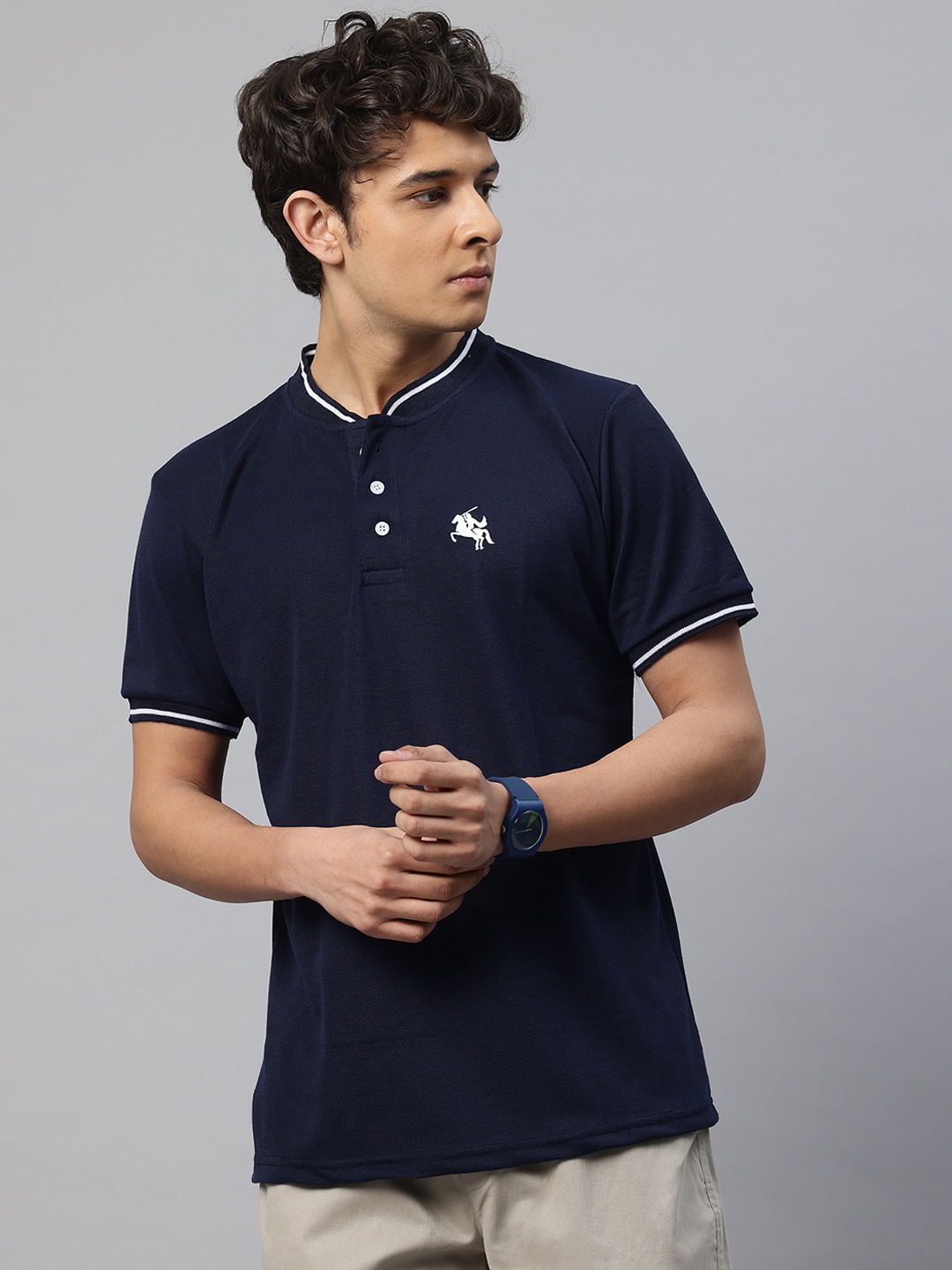 

POSHAX Brand Logo Print Polo Collar Longline T-shirt, Navy blue