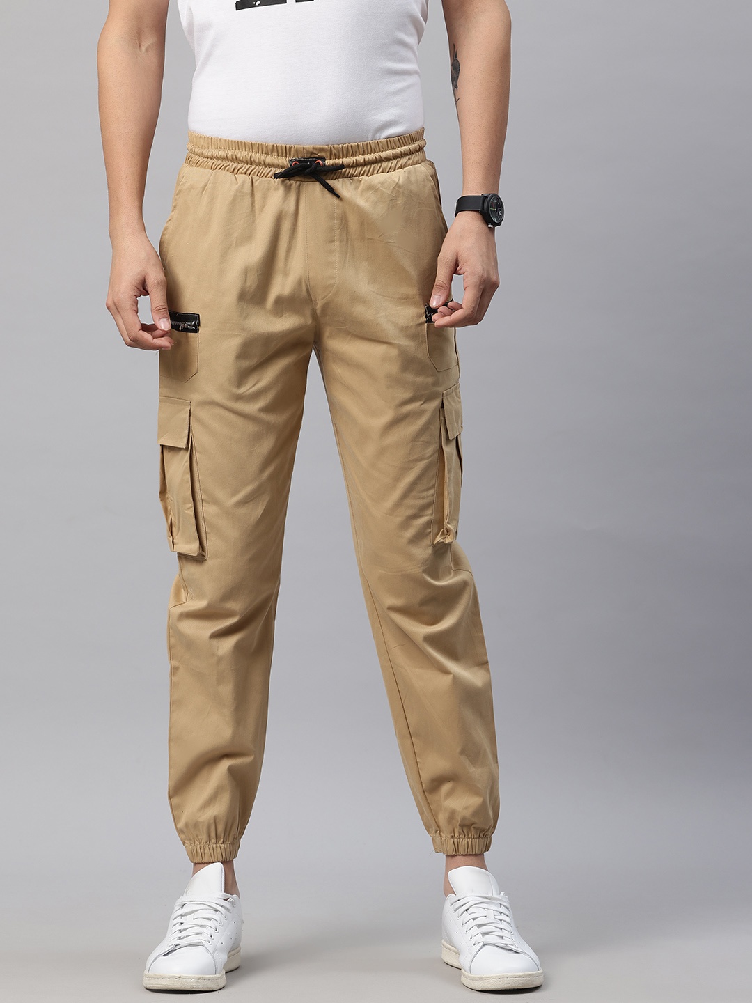 

POSHAX Men High-Rise Cotton Cargo Style Joggers, Khaki