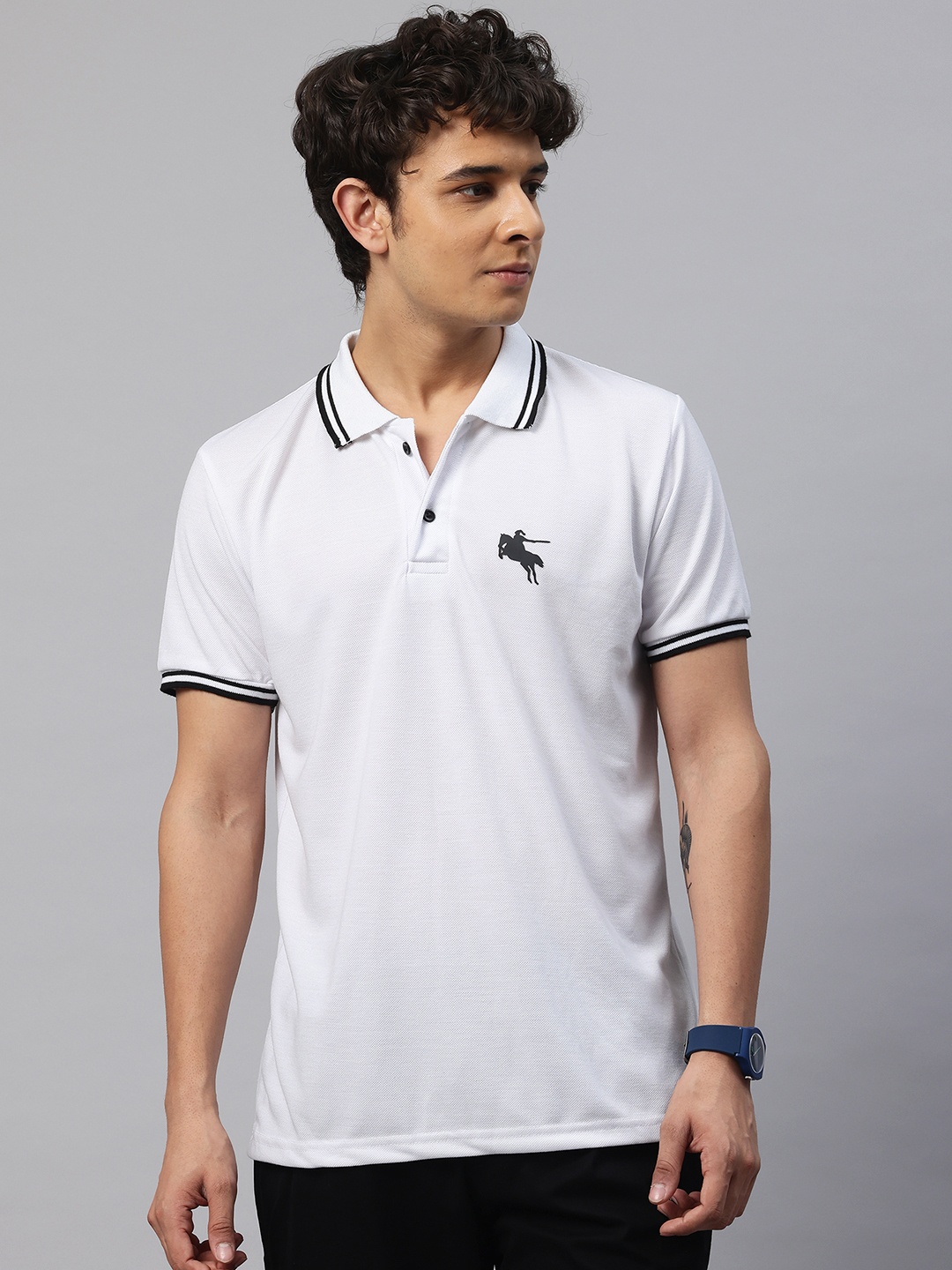 

POSHAX Brand Logo Print Polo Collar Longline T-shirt, White