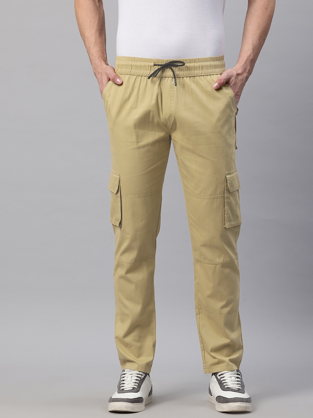 

POSHAX Men High-Rise Cotton Cargo Trousers, Khaki