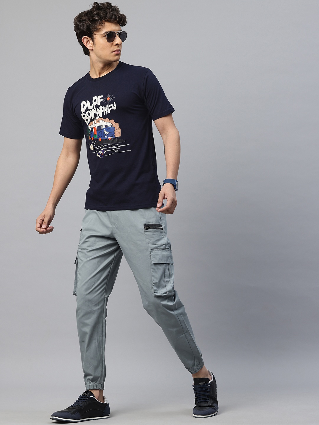 

POSHAX Graphic Print Longline T-shirt, Navy blue