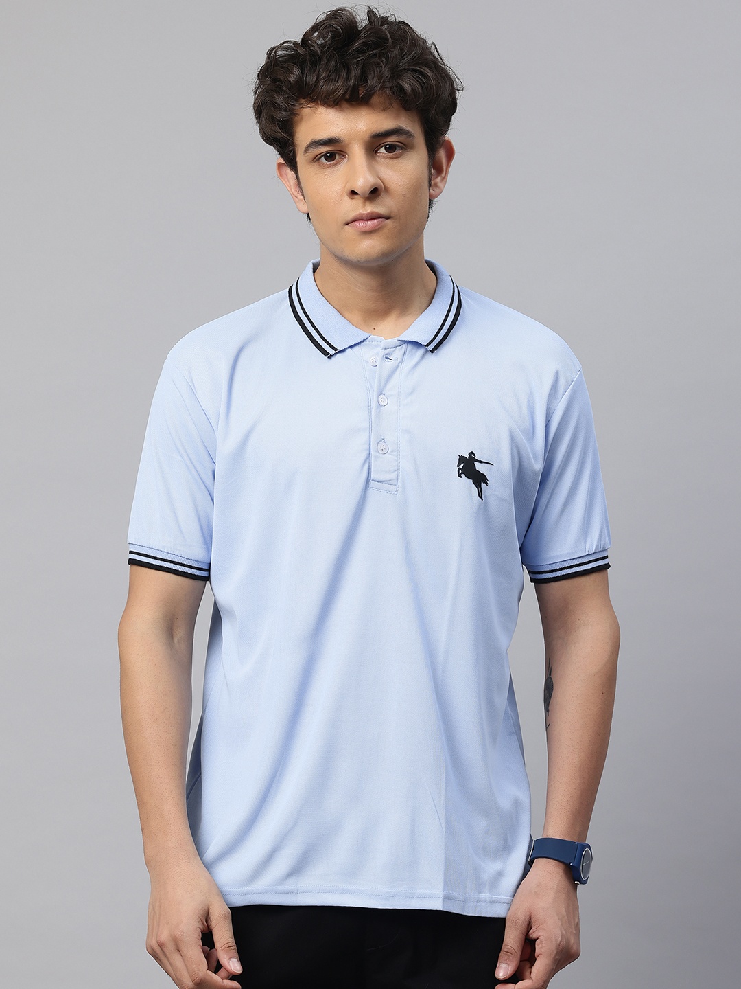 

POSHAX Brand Logo Print Polo Collar Drop-Shoulder Sleeves T-shirt, Blue