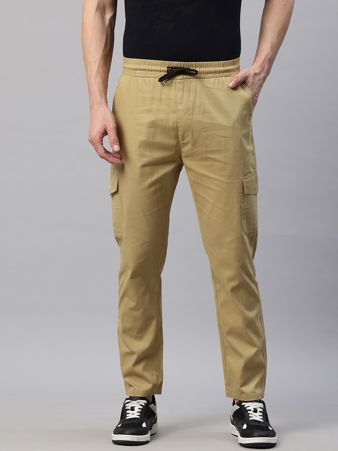 

POSHAX Men High-Rise Cotton Cargo Trousers, Khaki