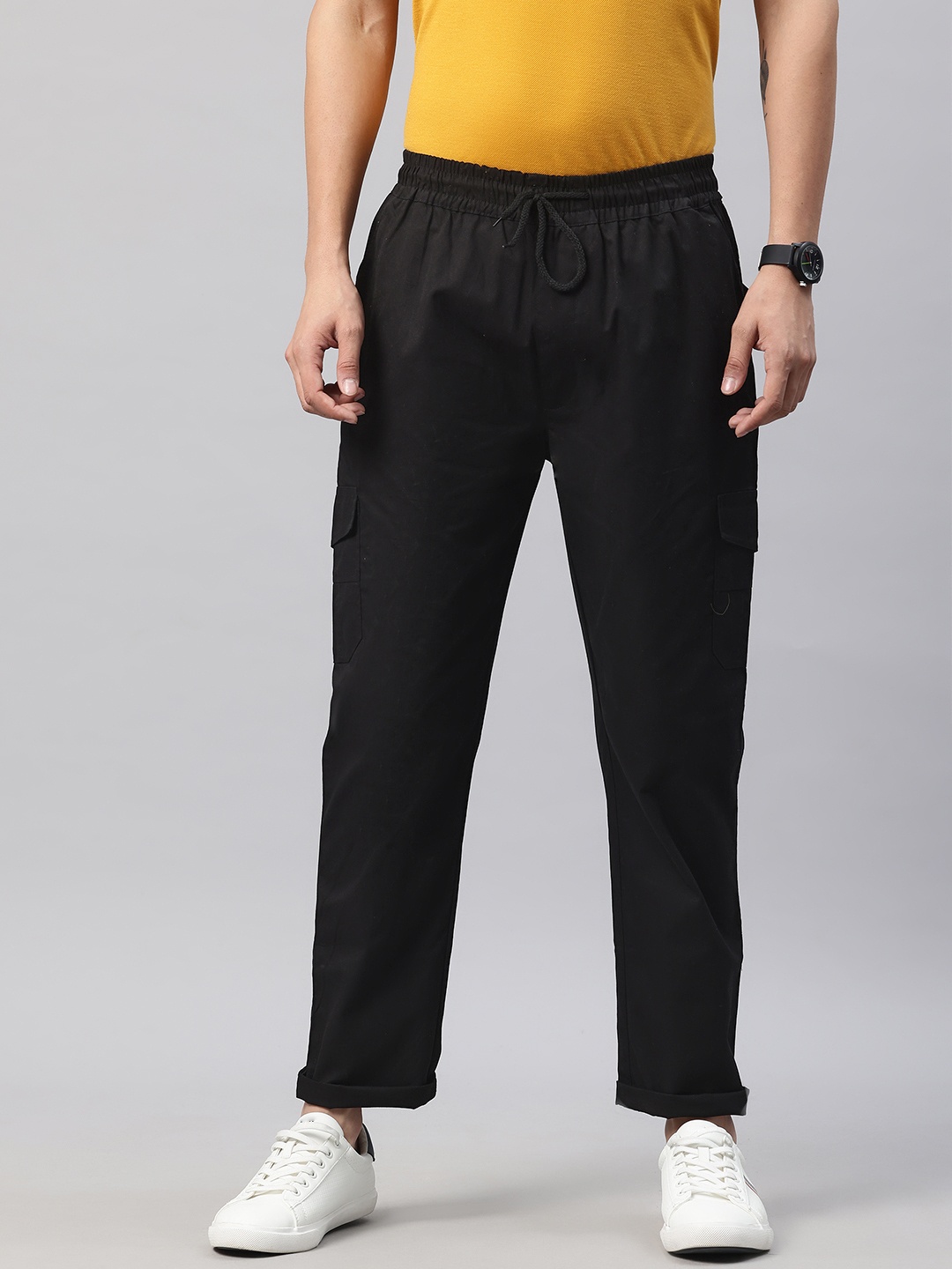 

POSHAX Men High-Rise Cotton Cargo Trousers, Black