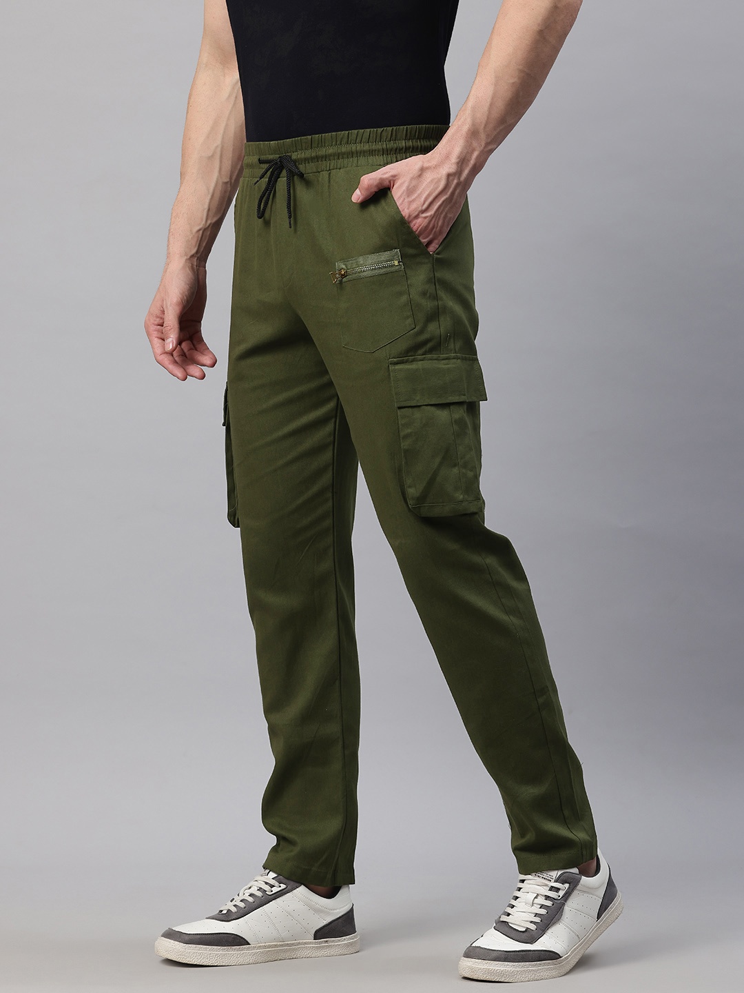 

POSHAX Men High-Rise Cotton Cargos Trousers, Olive