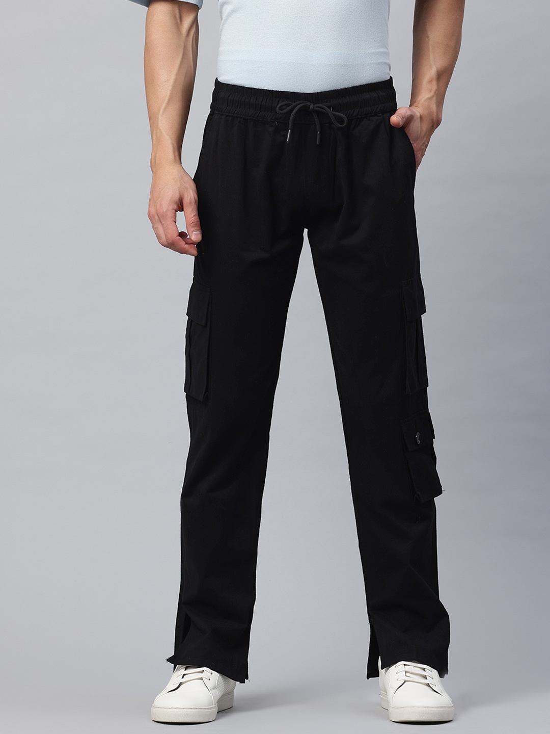 

POSHAX Men Mid-Rise Slit Hem Cotton Cargo Trousers, Black