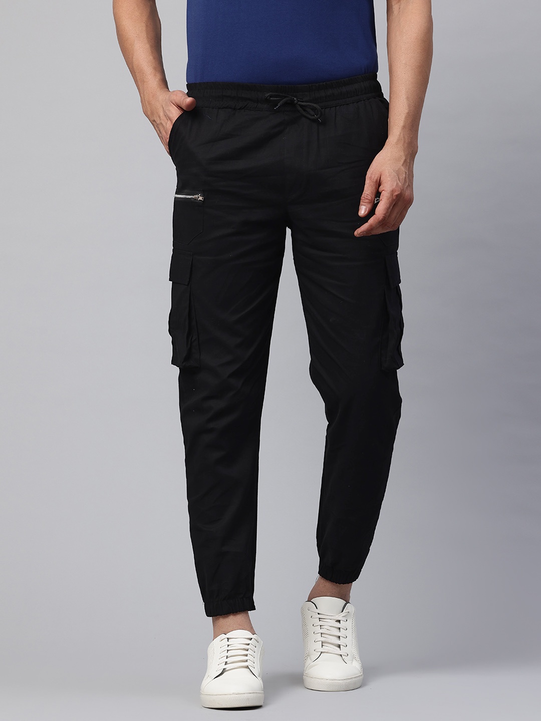 

POSHAX Men Mid-Rise Cotton Cargo Style Joggers, Black