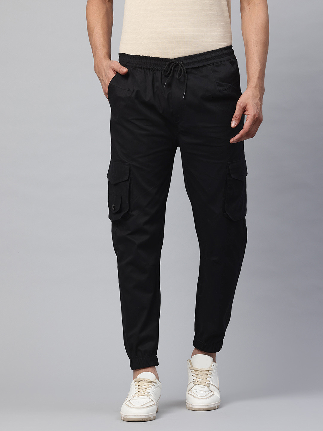 

POSHAX Men Mid-Rise Cotton Cargo Style Joggers, Black