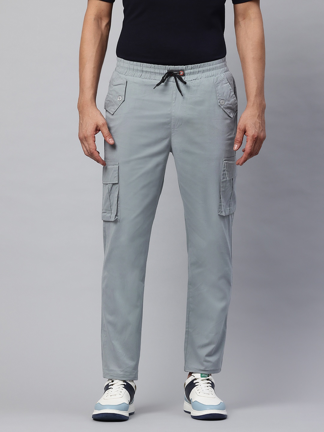 

POSHAX Men High-Rise Cotton Cargo Trousers, Grey