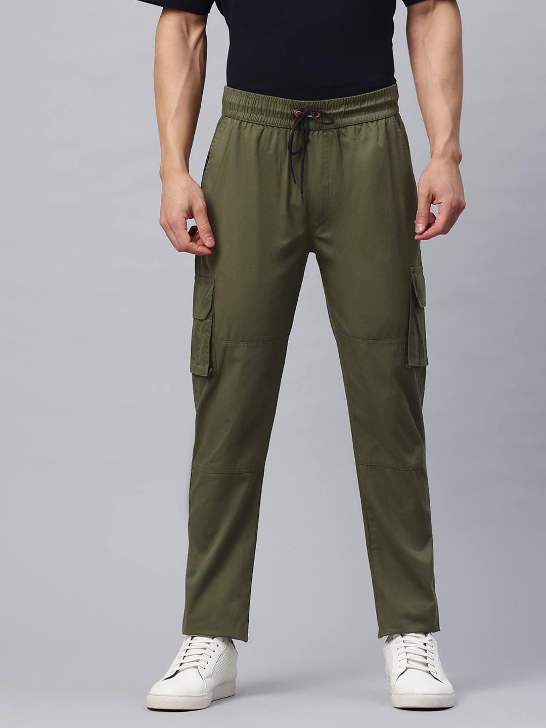 

POSHAX Men High-Rise Cotton Cargo Trousers, Olive