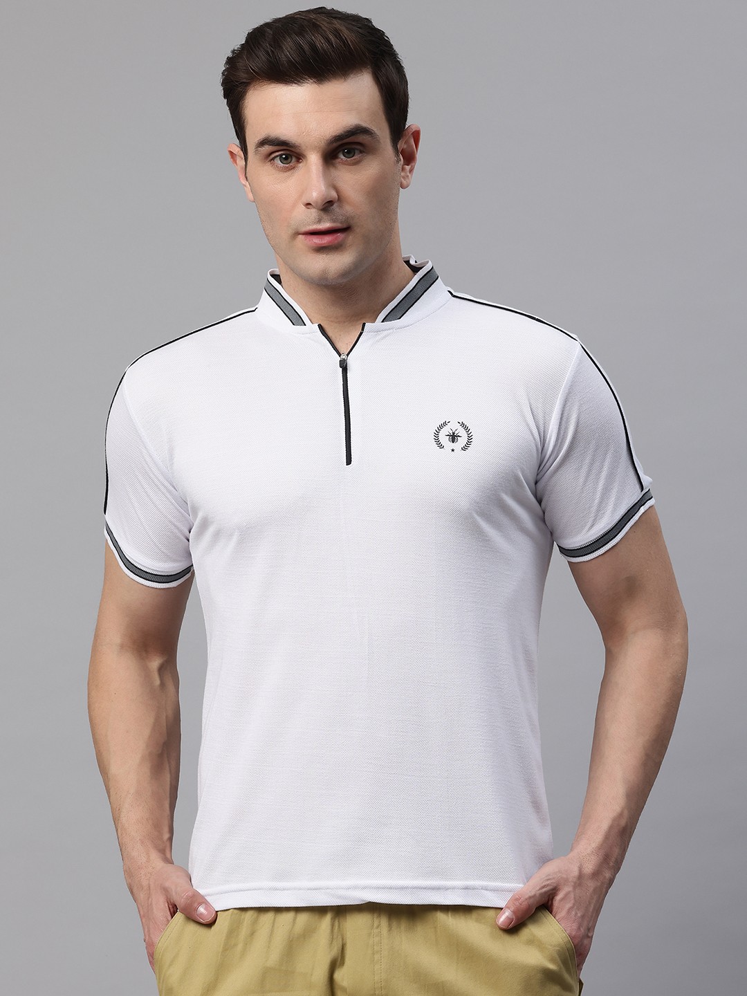 

POSHAX Men Baseball Collar Cotton T-shirt, White