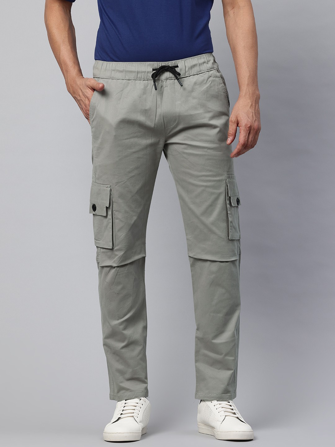 

POSHAX Men Mid-Rise Cotton Cargo Trousers, Grey