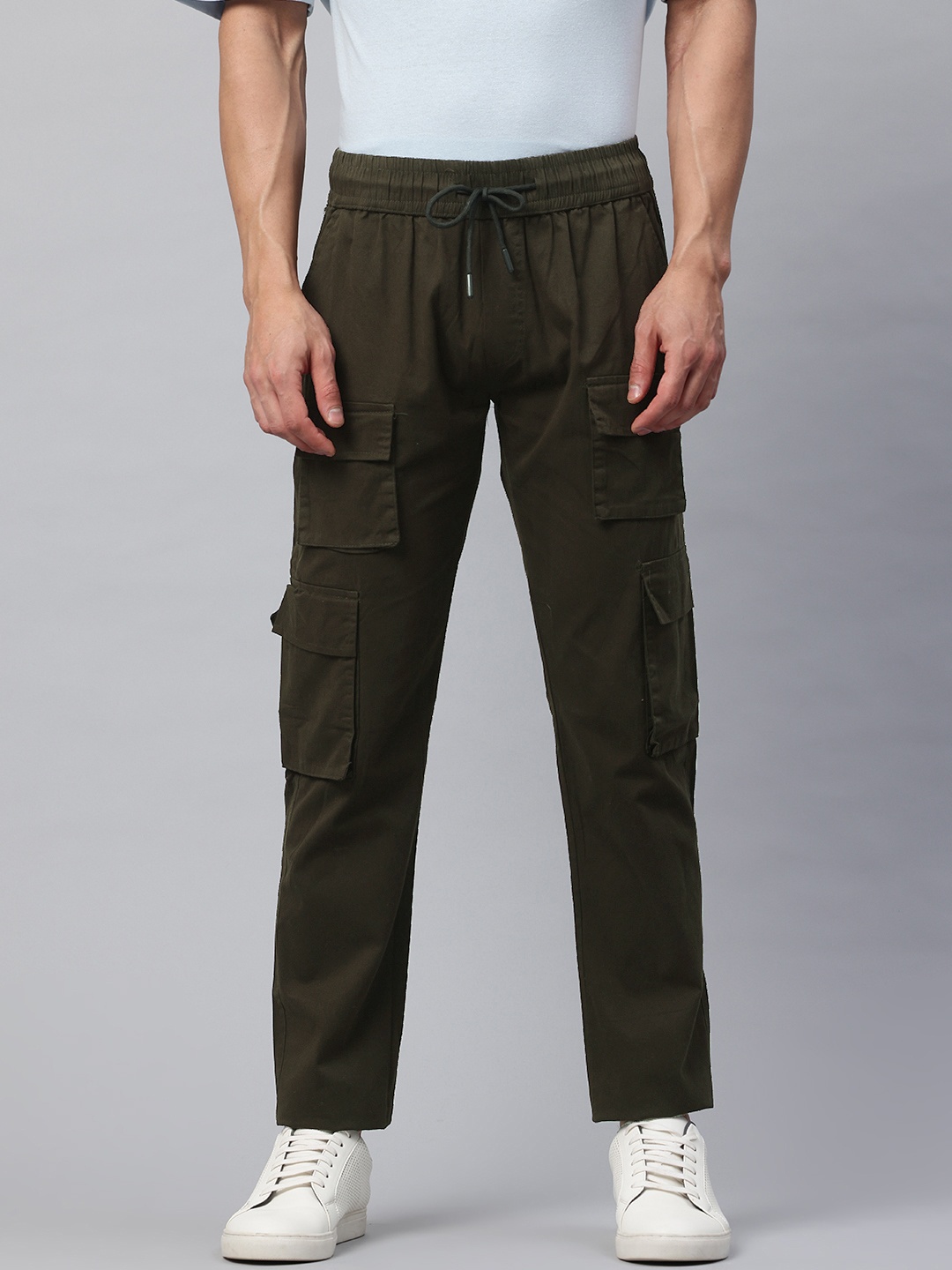 

POSHAX Men Mid-Rise Cotton Cargo Trousers, Olive