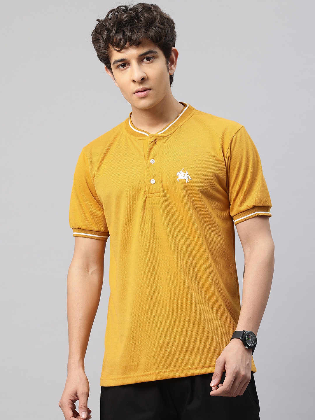 

POSHAX Men Striped Baseball Collar Henley T-shirt, Mustard
