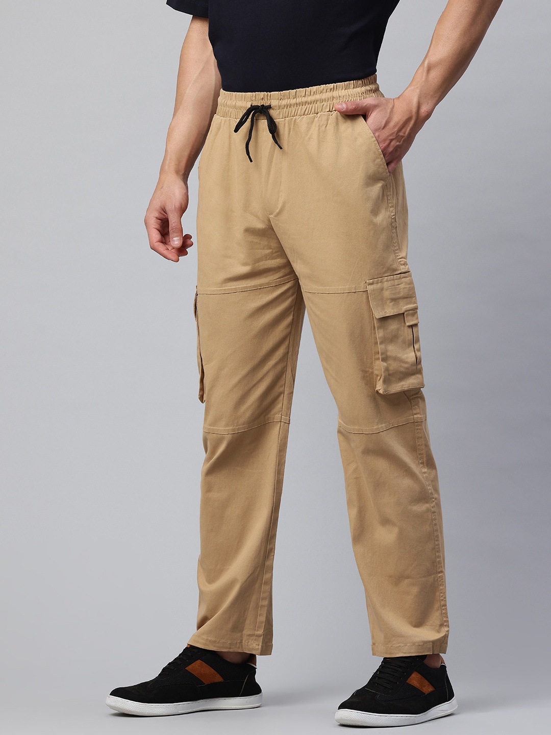 

POSHAX Men Mid-Rise Cotton Cargo Trousers, Khaki