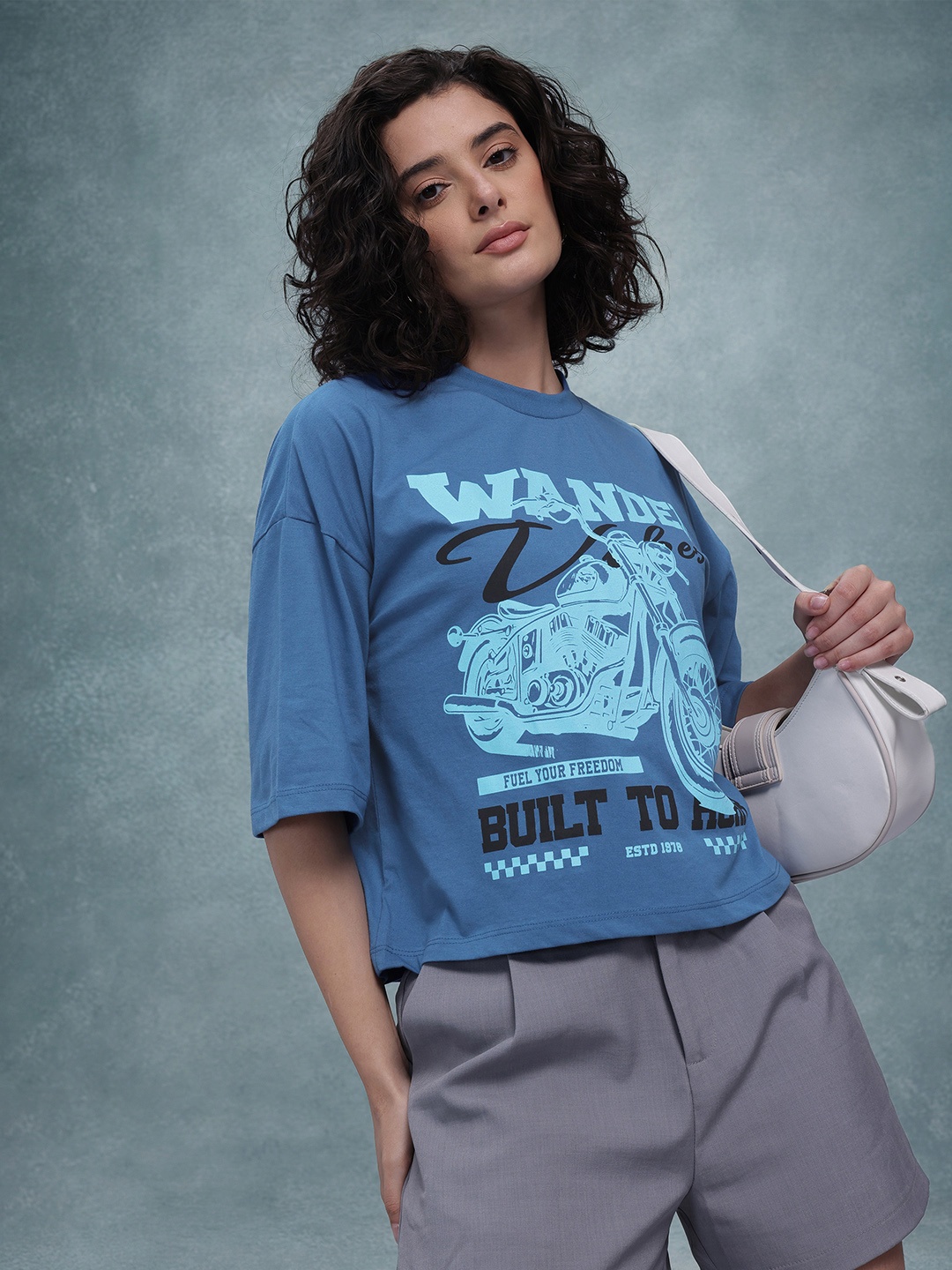 

The Roadster Life Co. Printed Drop-Shoulder Sleeves Boxy T-shirt, Blue