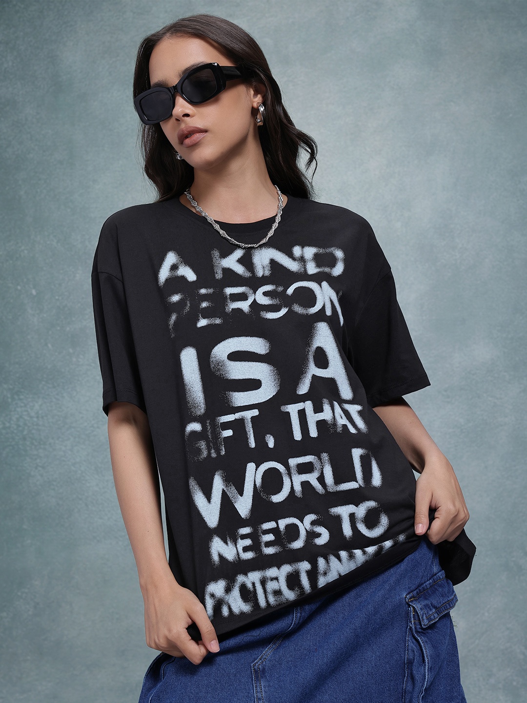 

The Roadster Life Co. Typography Printed Oversized Longline T-shirt, Black