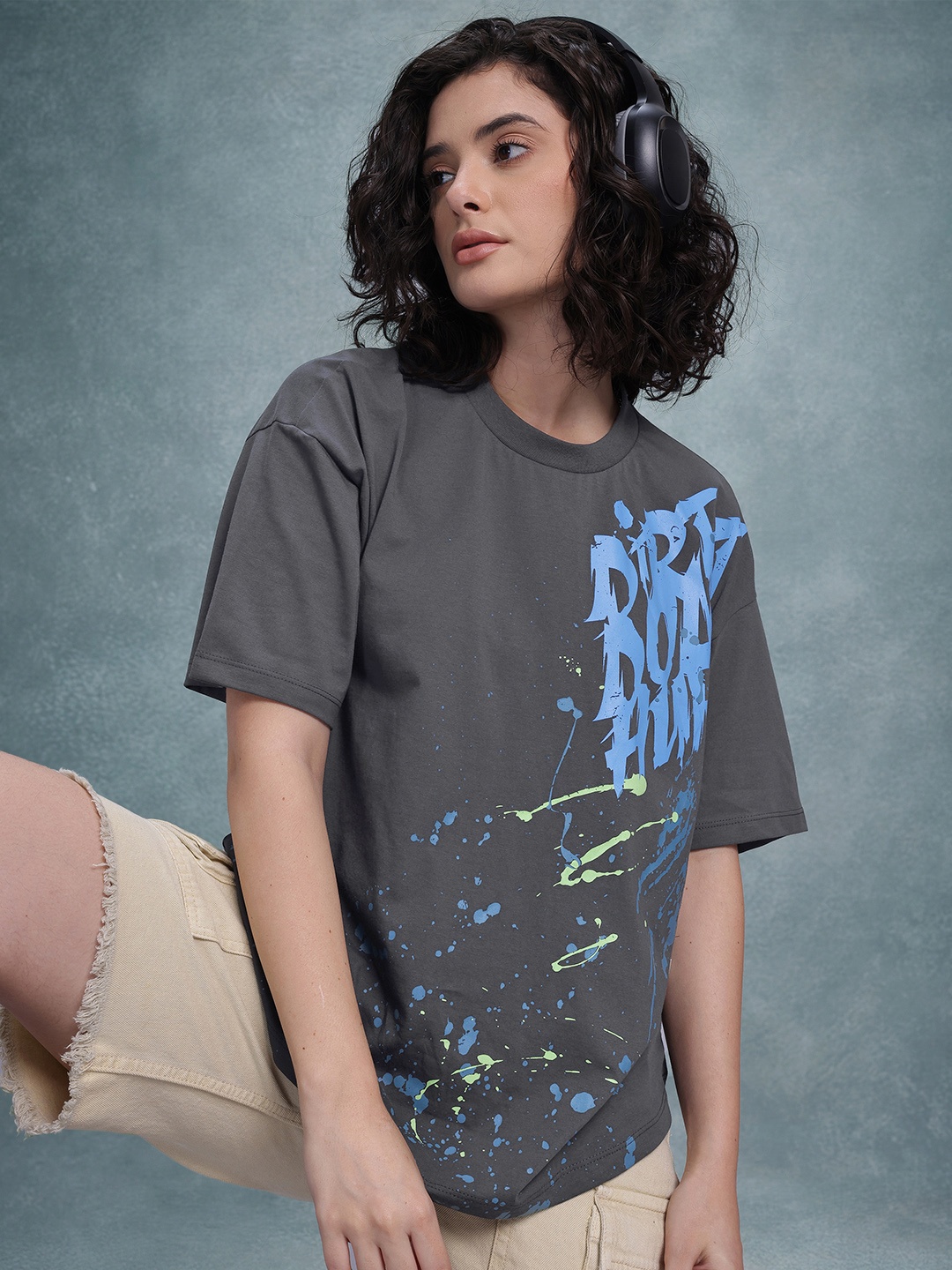 

The Roadster Life Co. Printed Drop-Shoulder Sleeves T-shirt, Grey