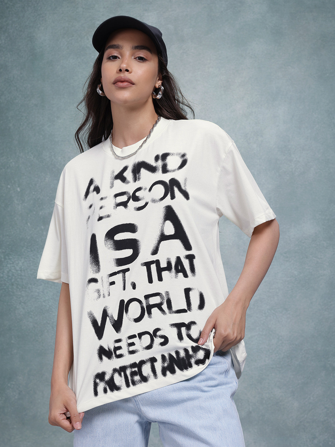 

The Roadster Life Co. Typography Printed Oversized Longline T-shirt, Off white