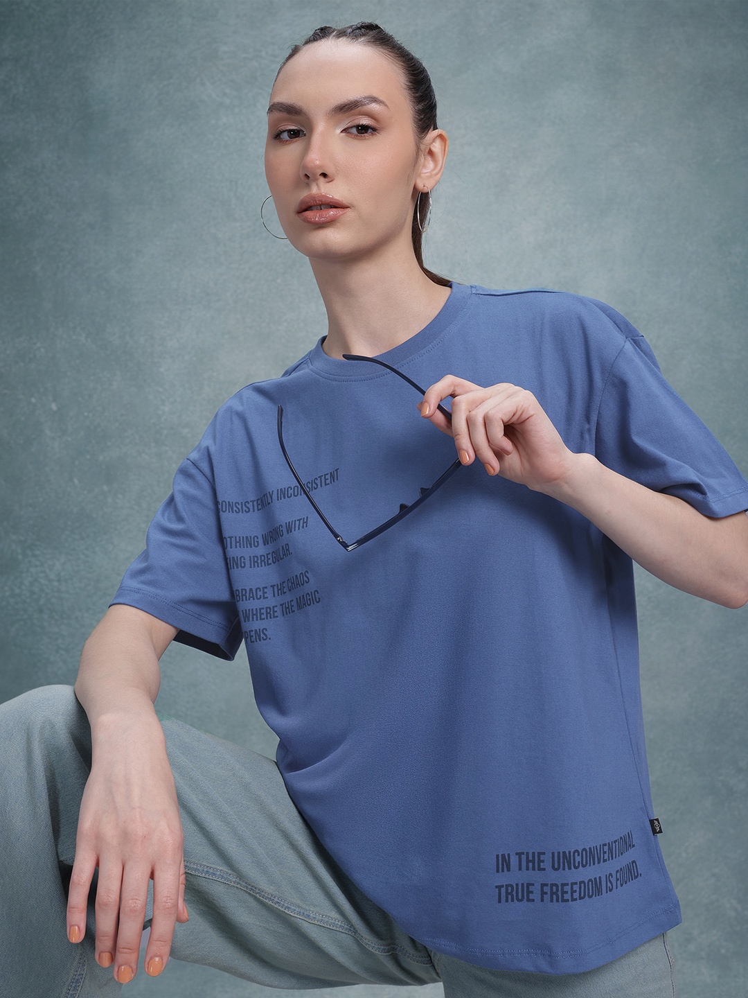 

The Roadster Life Co. Typography Printed Oversized T-shirt, Blue