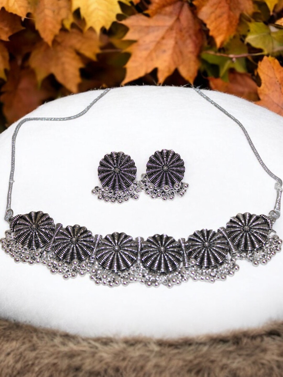 

Jolly Faces Stone-Studded Oxidised Jewellery Set, Silver