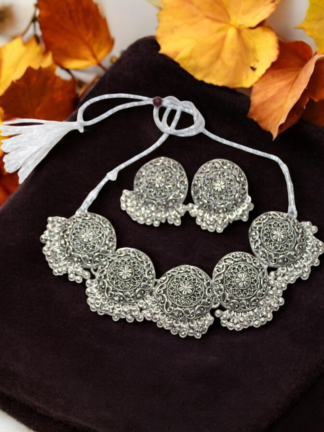 

Jolly Faces Stone-Studded Oxidised Jewellery Set, Silver