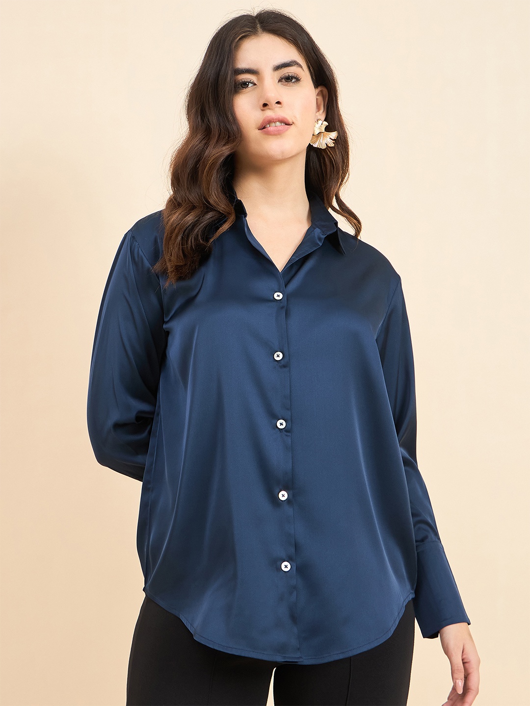 

Strong And Brave Women Premium Oversized Spread Collar Satin Party Shirt, Blue