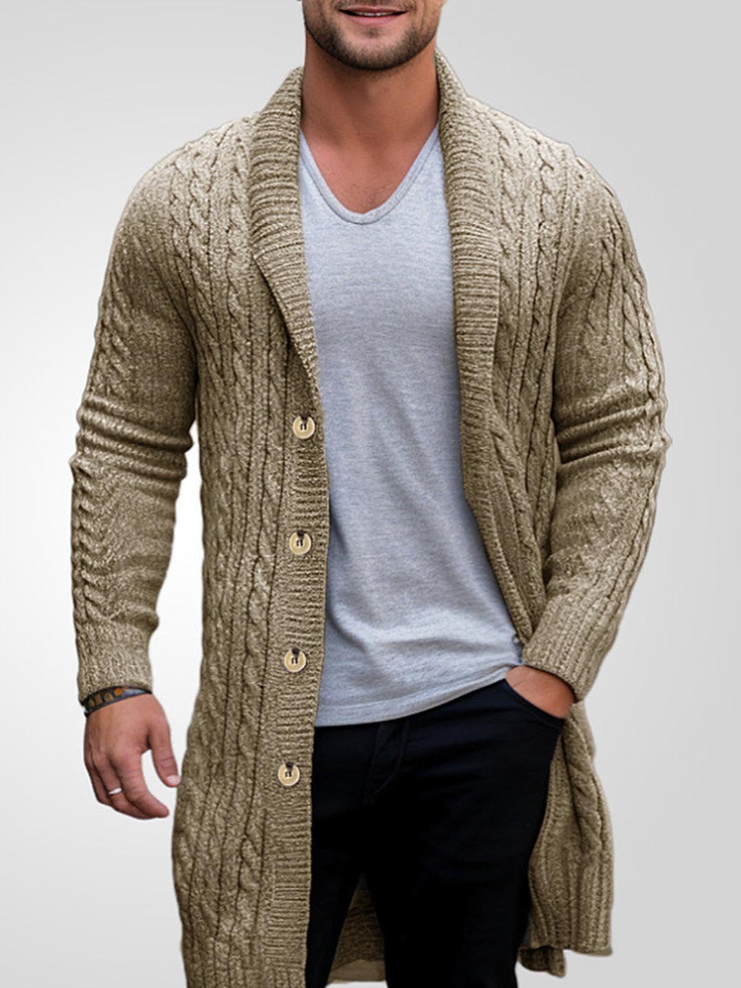 

Mast & Harbour Men Cable Knit Longline Cardigan, Khaki