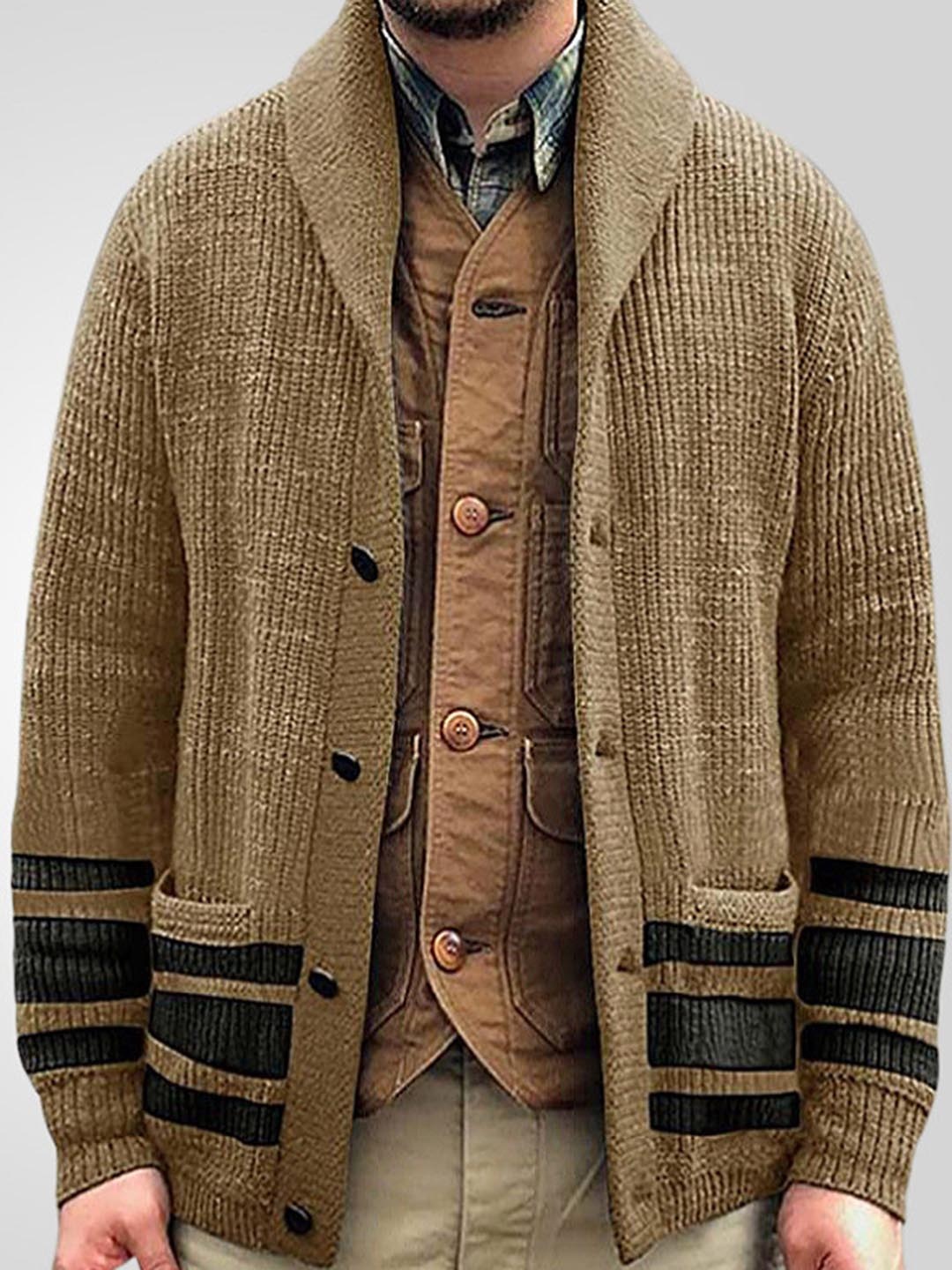 

Mast & Harbour Men Striped Cardigan, Khaki