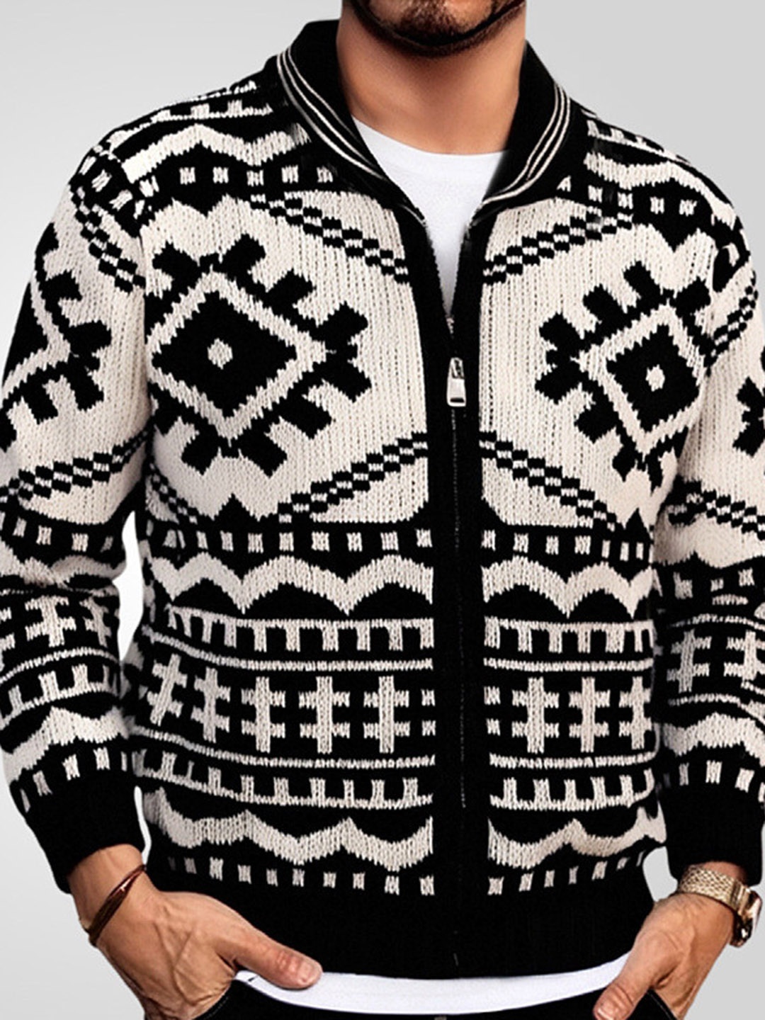 

Mast & Harbour Men Printed Cardigan, Black