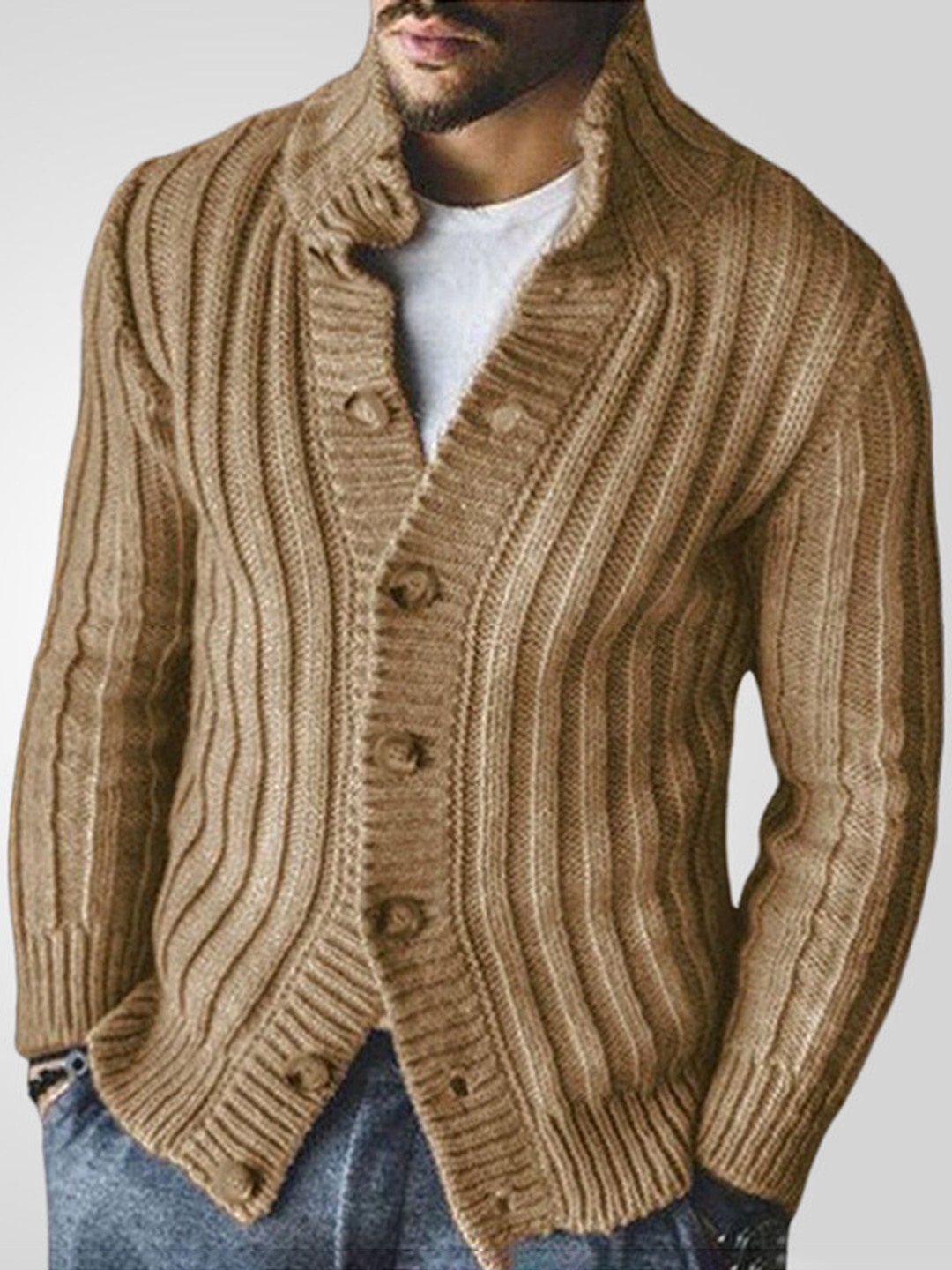 

Mast & Harbour Men Striped Cardigan, Khaki