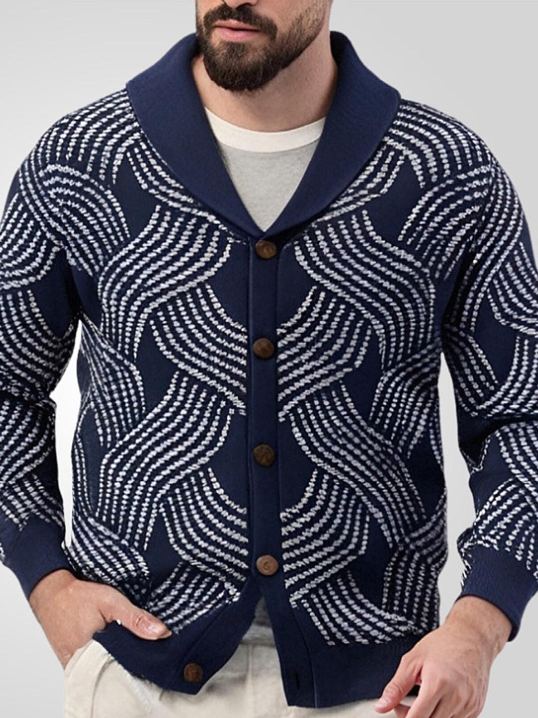 

Mast & Harbour Men Printed Cardigan, Navy blue