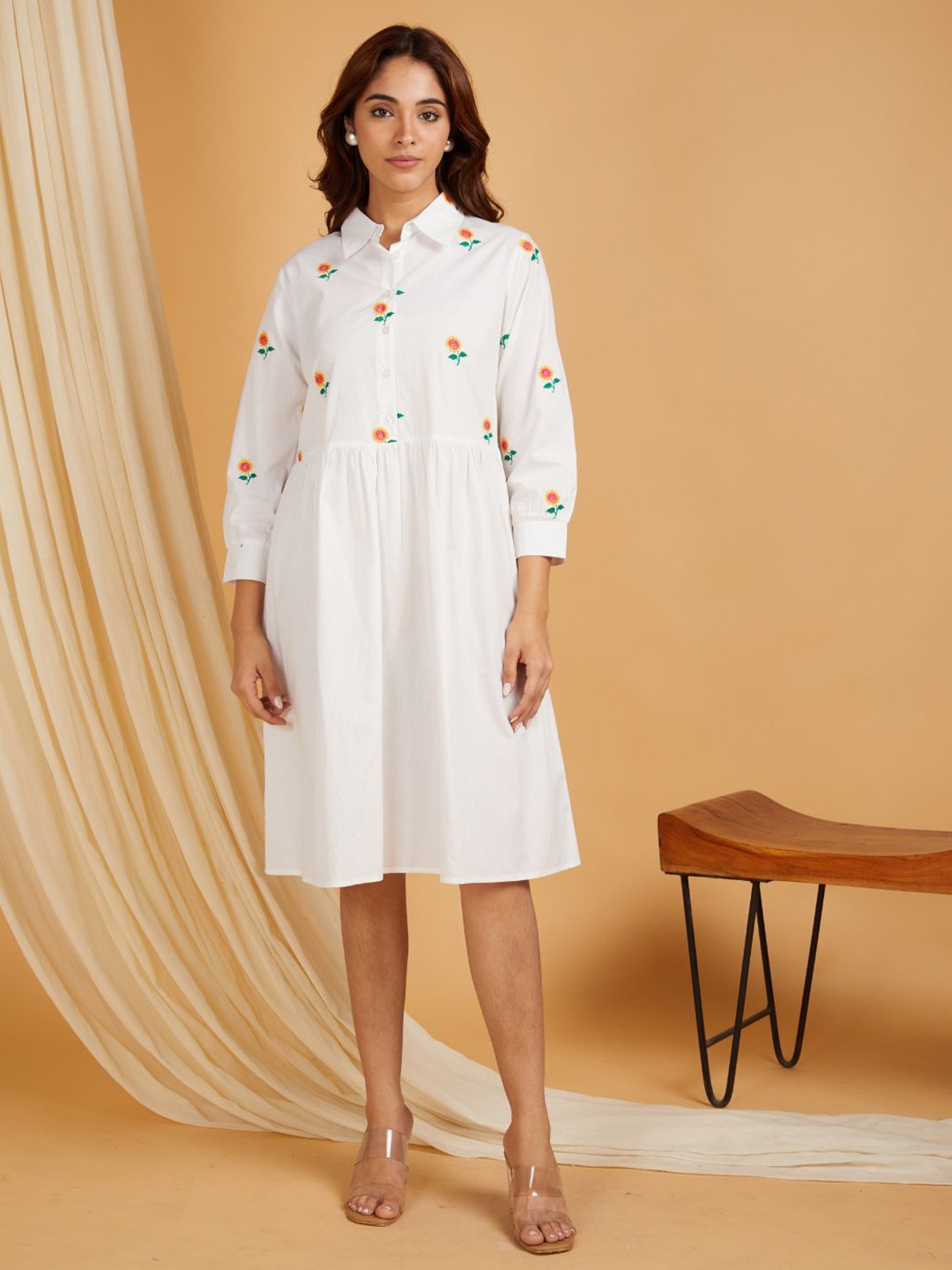 

SANASH Collections Floral Embroidered Pure Cotton Shirt Dress, White