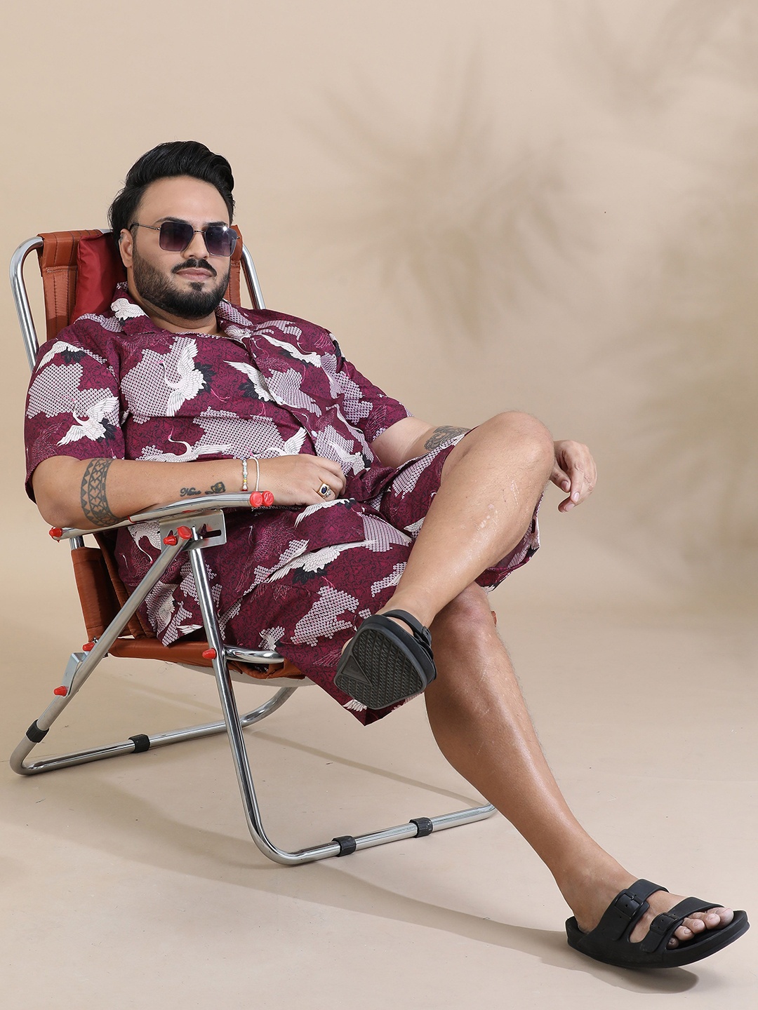 Bushirt Printed Short Sleeves Shirt & Shorts, Burgundy