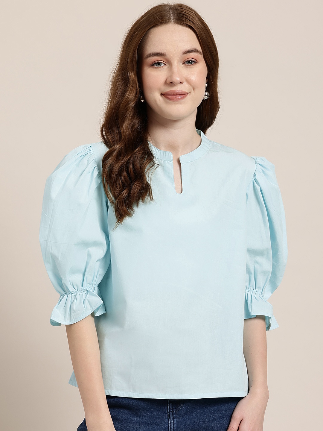 

HERE&NOW Mandarin Collar Puff Sleeves Top, Blue
