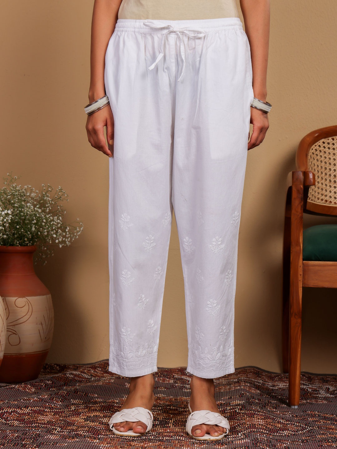 

Chowkhat Women Embroidered Chikankari Cotton Trouser, White