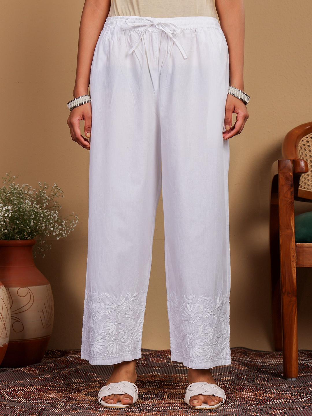 

Chowkhat Women Embroidered Ethnic Palazzo, White